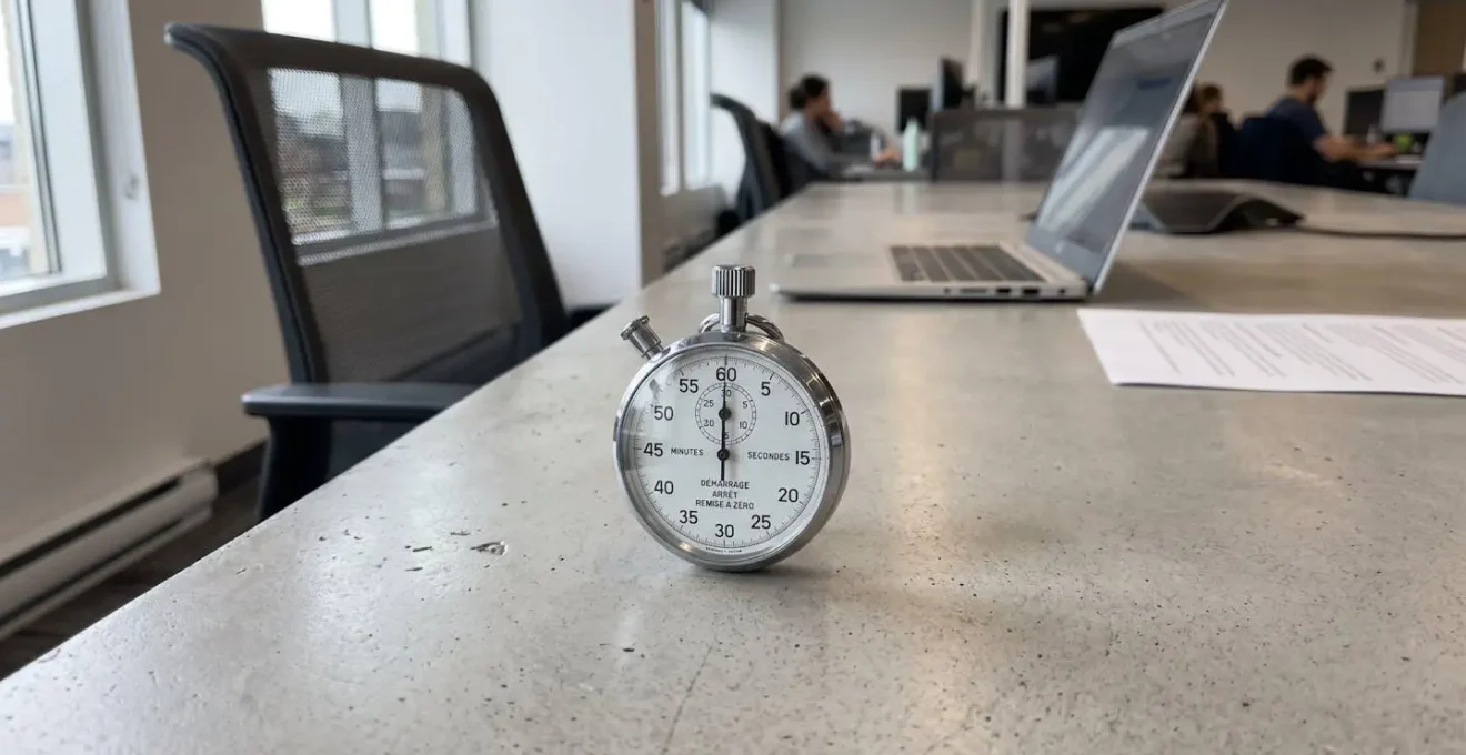 Chronomètre professionnel posé sur une table en bois lors d'une animation team building chronométrée
