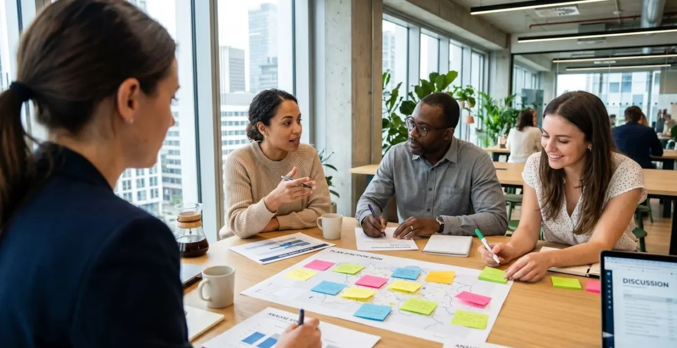 Plusieurs collaborateurs assis autour d'une grande table lumineuse lors d'un atelier de travail, vus de trois-quarts arrière, échangeant sur des documents et post-it colorés