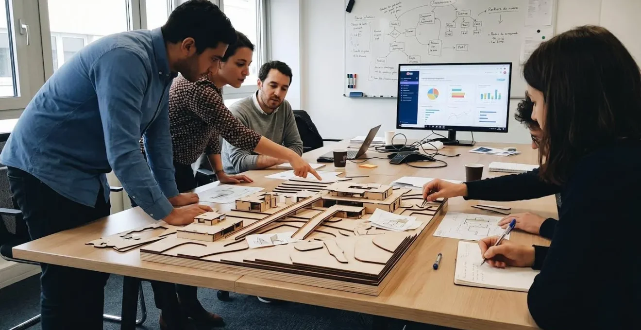 Groupe de collaborateurs concentrés sur une activité collaborative de construction de maquette autour d'une table de travail moderne