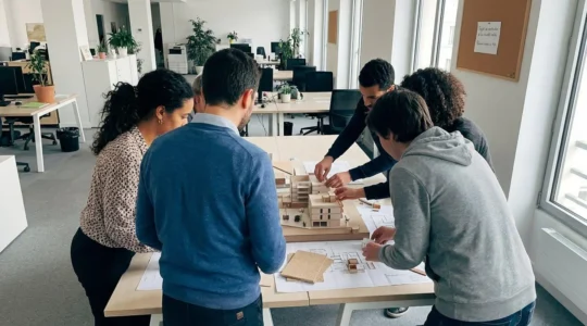 Groupe de collaborateurs concentrés sur une activité collaborative de construction de maquette autour d'une table de travail moderne