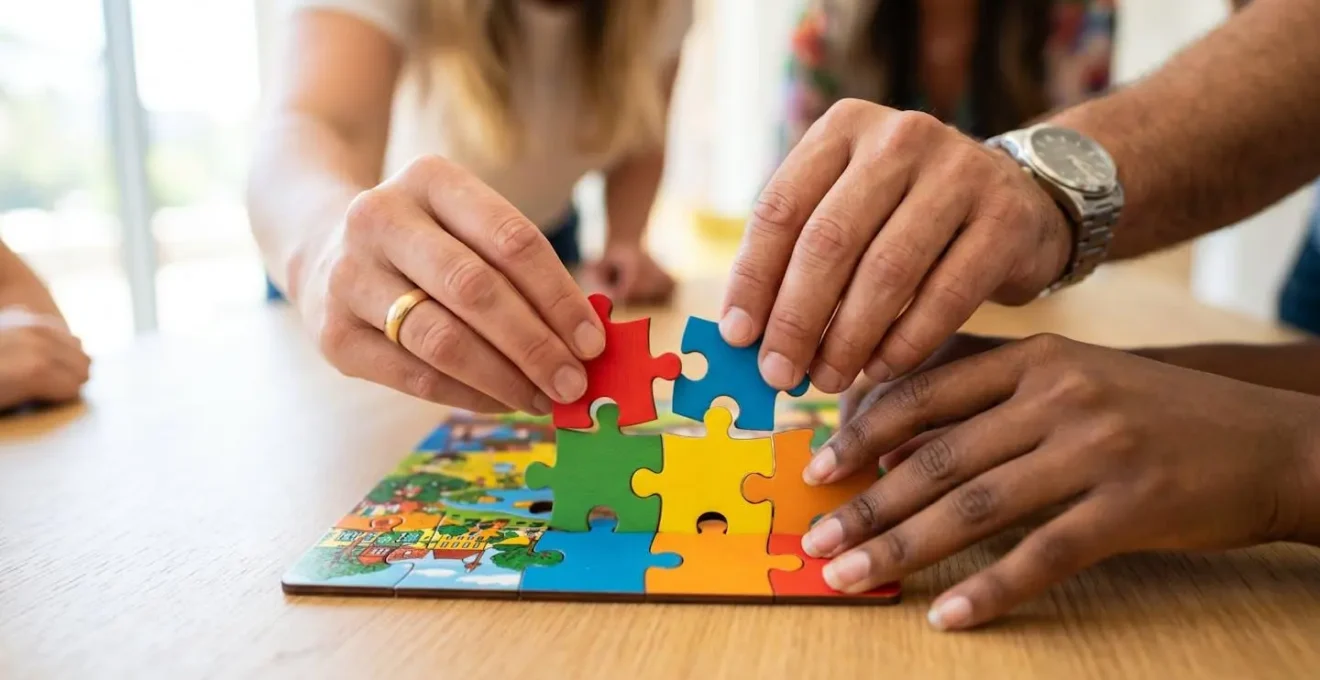 Gros plan sur plusieurs mains assemblant ensemble des pièces de puzzle colorées sur une surface claire, avec un arrière-plan flouté créant un effet bokeh doux