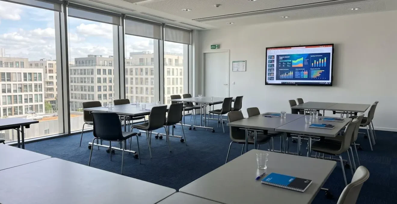 Salle de séminaire d'entreprise contemporaine avec tables modulables disposées en îlots, baignée de lumière naturelle