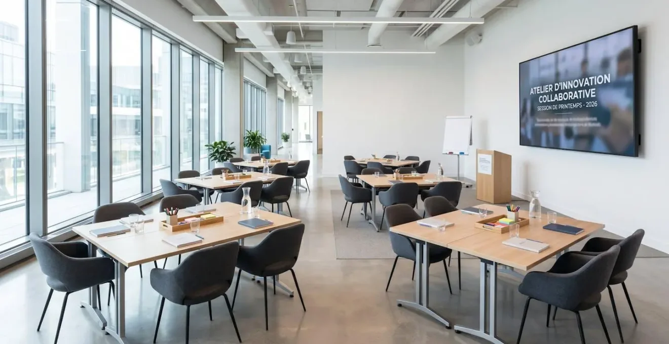 Une salle de séminaire lumineuse et contemporaine aménagée en îlots de tables, avec du matériel d'atelier collaboratif disposé, prête à accueillir un team building, espace vide sans personne
