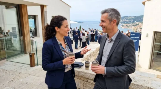 Deux collaborateurs échangent de façon informelle lors d'une pause dans un lieu de séminaire contemporain à architecture méditerranéenne