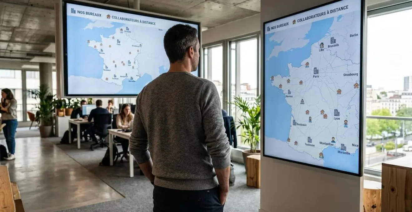 Une professionnelle observe une carte murale affichant les différentes localisations des équipes dispersées en France et Europe