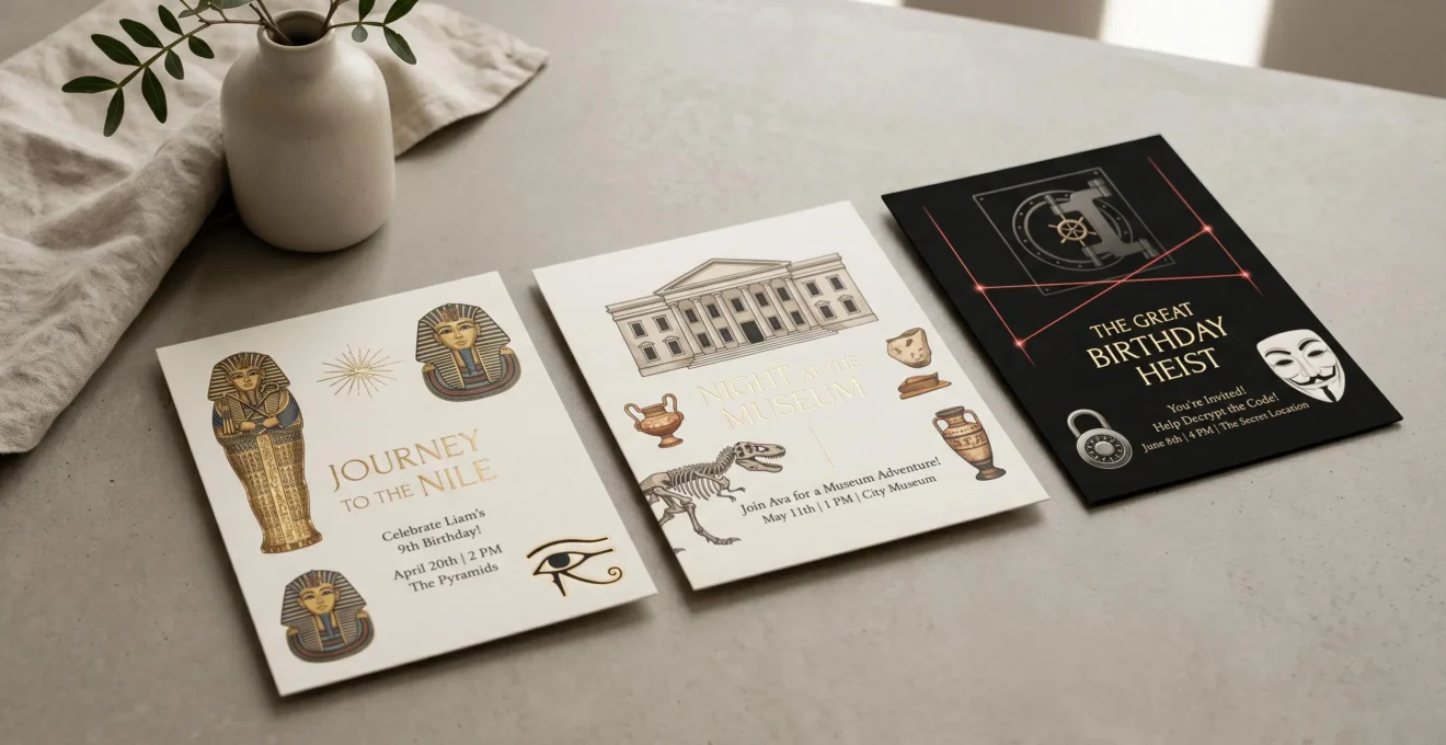 Cartes d'invitation d'anniversaire personnalisables aux thématiques des salles d'escape game (pharaon, musée, braquage) disposées sur une surface épurée