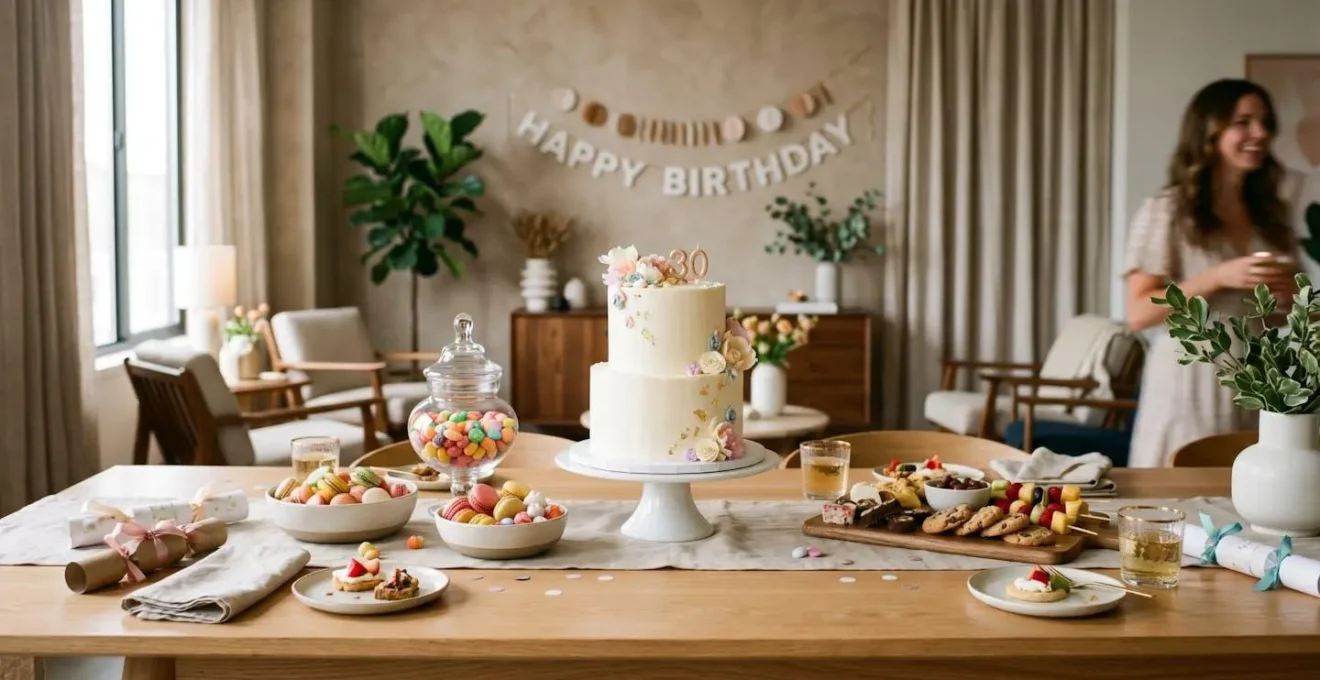 Table de goûter d'anniversaire dressée dans un lounge contemporain avec gâteau de pâtissier, bonbons et décoration élégante
